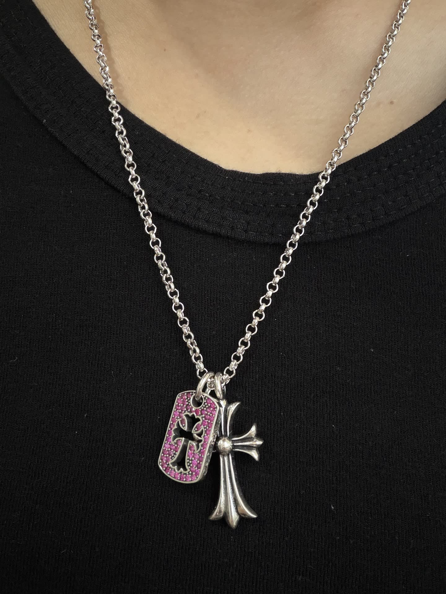Chrome Hearts Silver Cross Pendant with Pink Enamel Tag